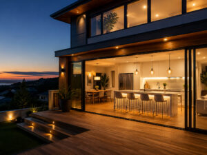 Modern Auckland home at dusk featuring warm architectural lighting and a contemporary open-plan living space.